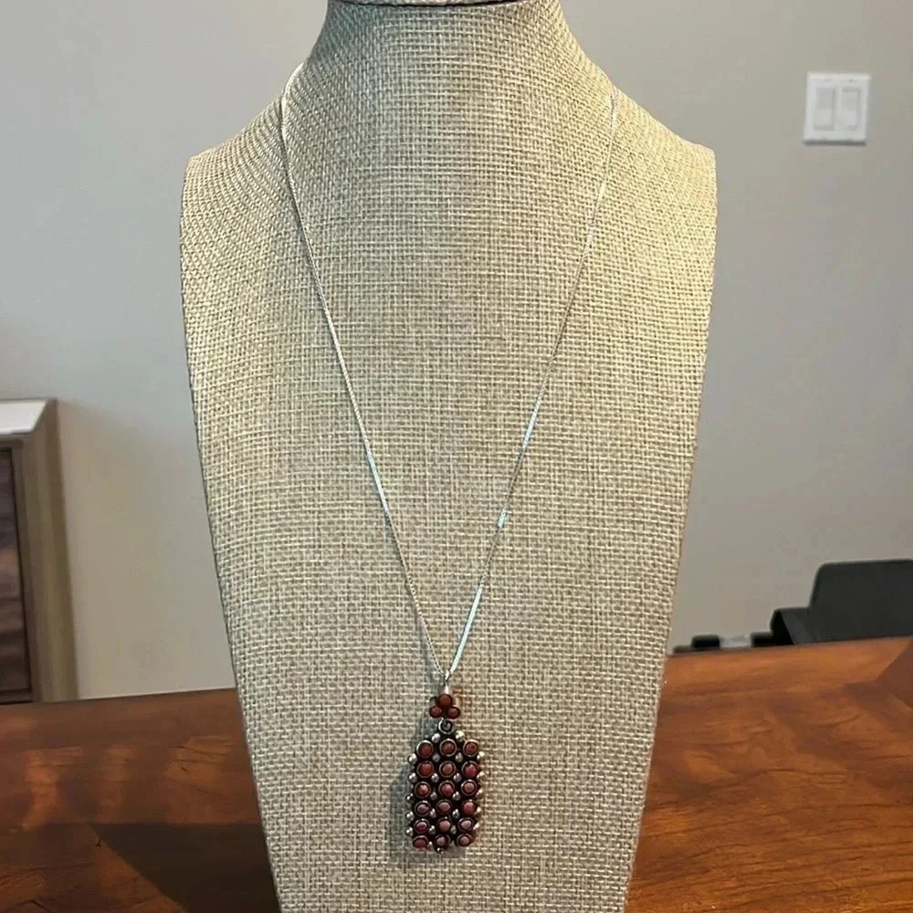 Vintage 925 Silver Beaded Coral Pendant on New 20" Sterling Box Chain - Picture 3 of 8